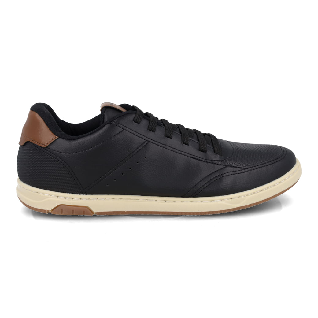 Tênis casual masculino preto em couro legítimo com detalhes em couro sintético marrom e solado emborrachado branco e marrom
